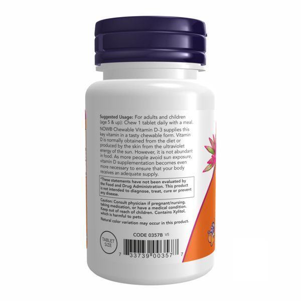 Вітамін Д-3, Vitamin D-3, смак фруктів, 1000 МО, 180 жувальних таблеток, NOW foods NOW-00357 фото