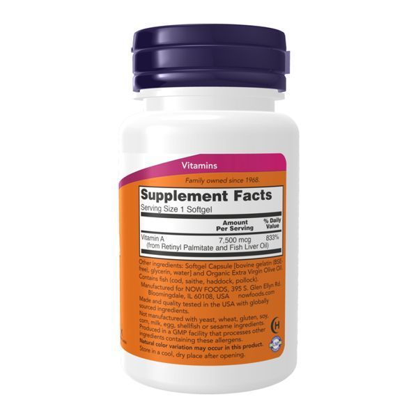 Витамин А, Vitamin A, 25000 МЕ, 100 капсул, NOW foods NOW-00340 фото