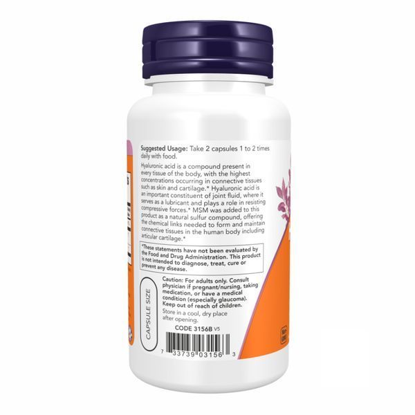 Гіалуронова кислота і МСМ, Hyaluronic Acid, 50 мг, 60 капсул, NOW foods NOW-03156 фото