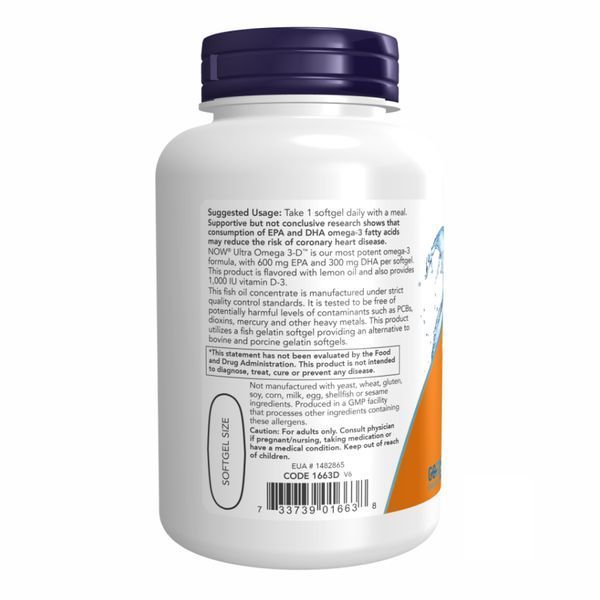 Ультра Омега 3 капсул - 90 капсул, Ultra Omega 3-D Softgels - 90 softgels, NOW foods NOW-01663 фото
