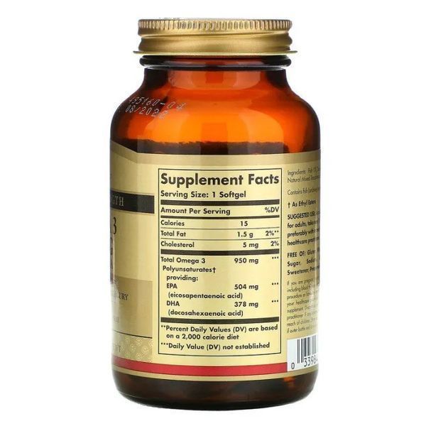 Омега-3, рыбий жир, Omega-3, EPA & DHA, Solgar, тройная сила, 950 мг, 50 гелевых капсул SOL-02057 фото