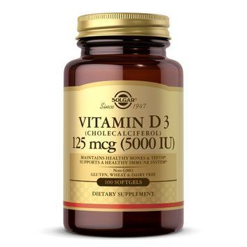 Вітамін Д3 (холекальциферол), Vitamin D3, Solgar, 125 мкг (5000 МО), 100 гелевих капсул SOL-19377 фото
