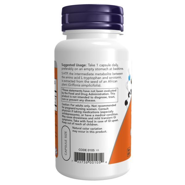 5-HTP, 5-гідрокситриптофан, 5-HTP, 100 мг, 60 вегетаріанських капсул, NOW foods NOW-00105 фото