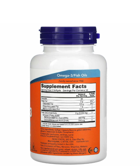 Омега-3, Omega-3, Now Foods, 180 ЭПК/ 120 ДГК, 100 гелевых капсул NOW-01650 фото