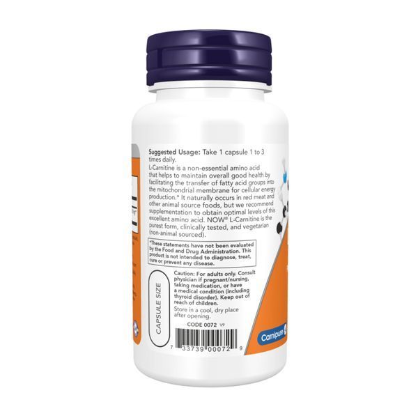 L-карнітин, L-Carnitine, Now Foods, 500 мг, 180 вегетаріанських капсул NOW-00073 фото