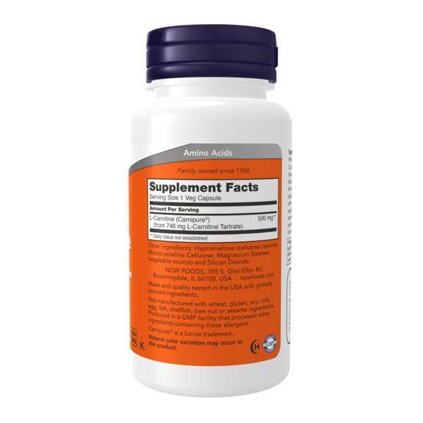 L-карнітин, L-Carnitine, Now Foods, 500 мг, 180 вегетаріанських капсул NOW-00073 фото